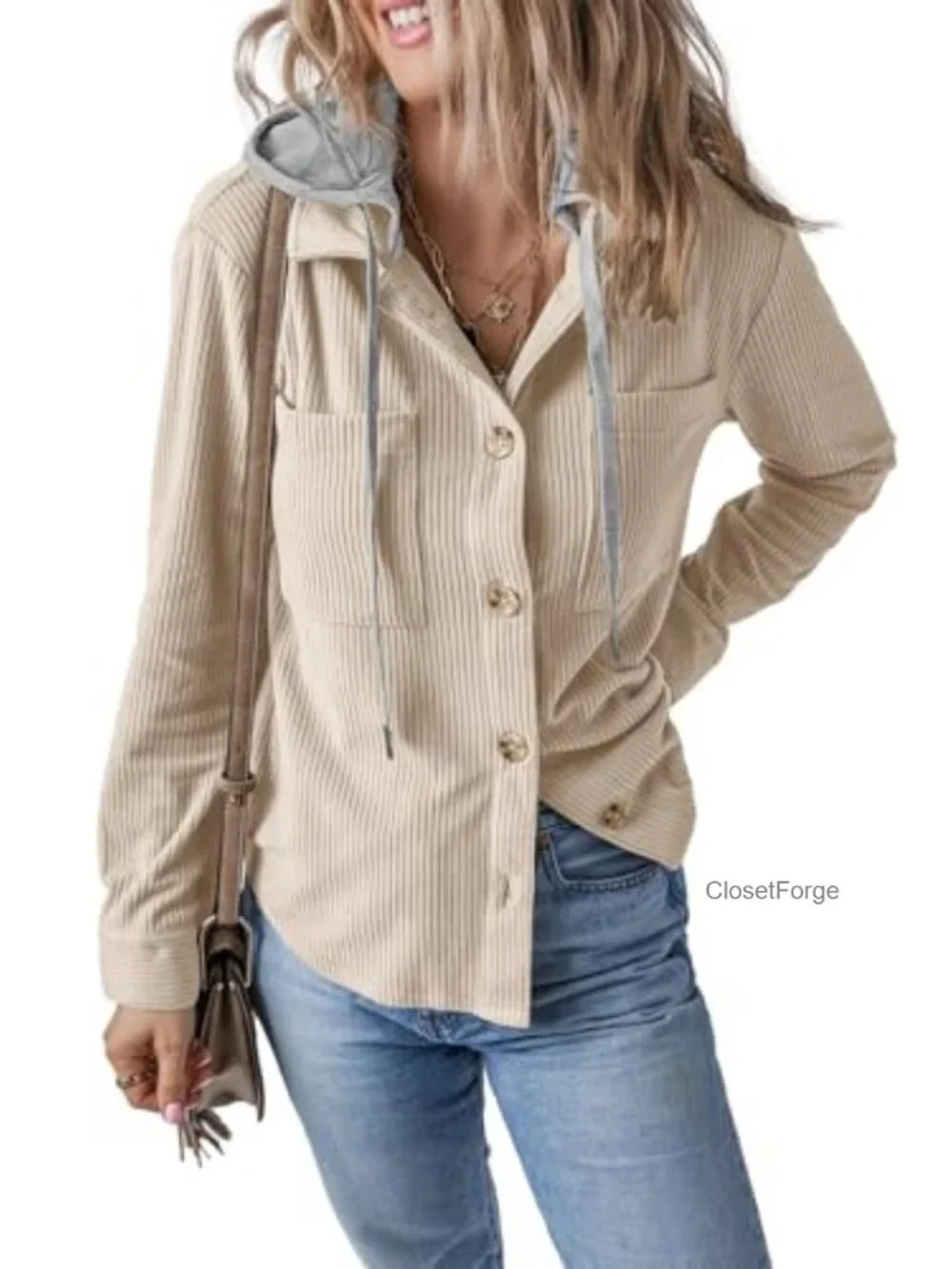 Women's Long Sleeve Button Down Corduroy Shacket Jacket with Hood